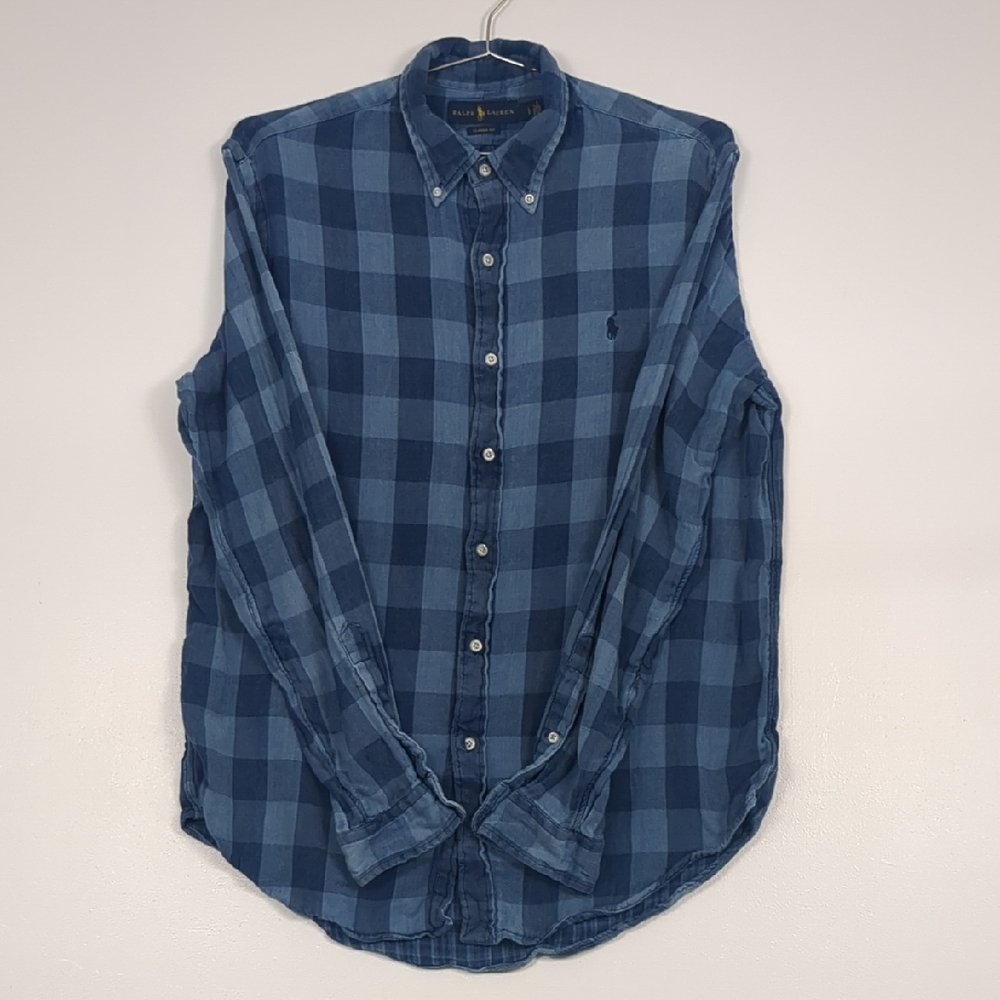 Ralph Lauren Women's Classic‎ Fit Blue Checkered Cotten Button-Down Shirt GUC